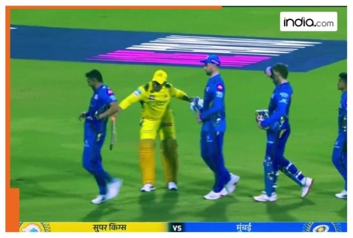 MS Dhoni giving ‘bat treatment’ to Deepak Chahar after CSK’s four wicket victory over MI in IPL 2025